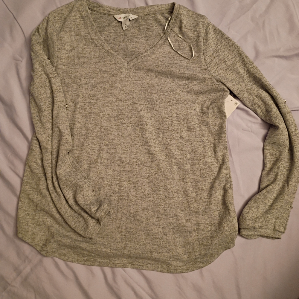 Liz Claiborne Light Gray Long Sleeve V-Neck Top
